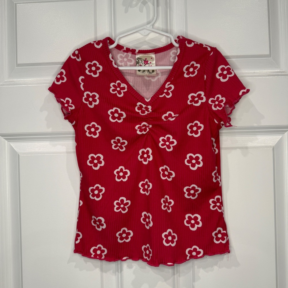 Jenna & Jessie Girls Red Floral V-Neck Ribbed Lettuce Edge Top Size 8